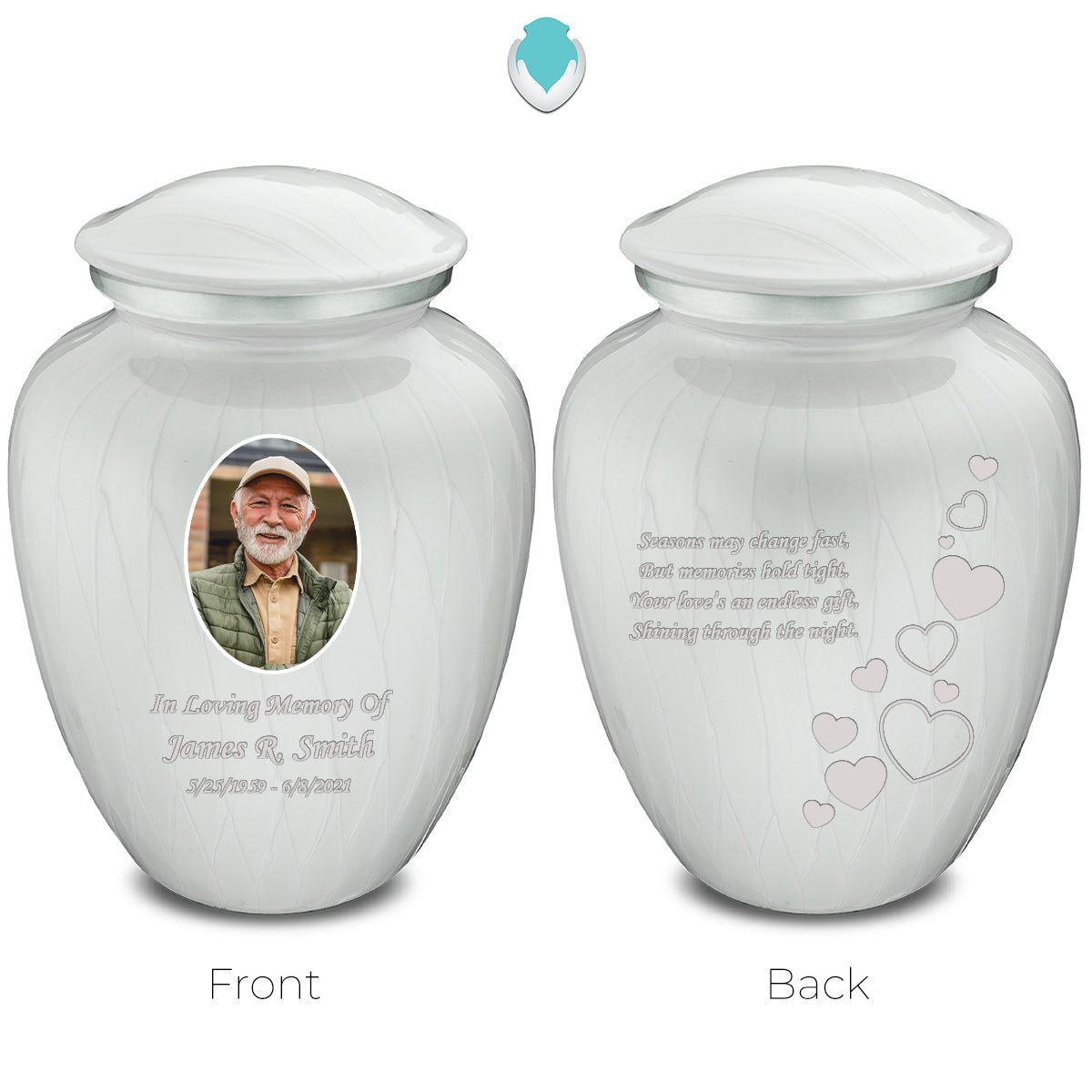 Adult Embrace Pearl White Portrait with Floating Hearts Cremation Urn