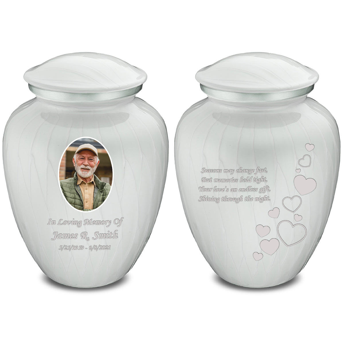 Adult Embrace Pearl White Portrait with Floating Hearts Cremation Urn