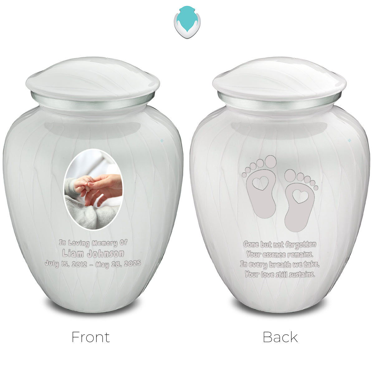 Small Embrace Pearl White Portrait with Baby Heart Feet Cremation Urn