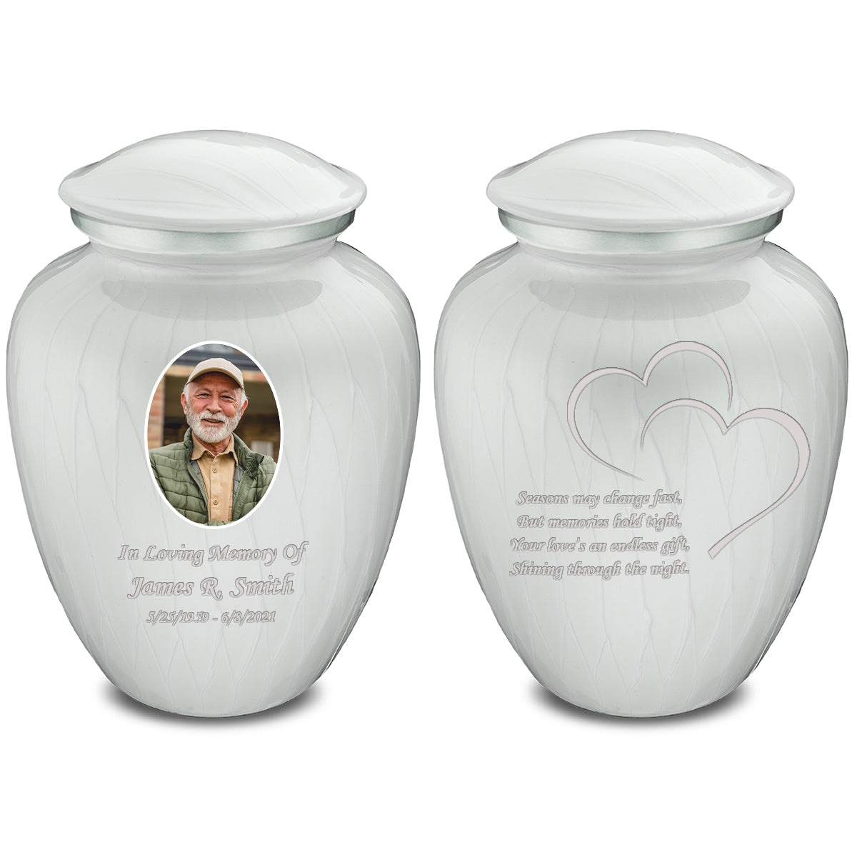 Medium Embrace Pearl White Portrait with Hearts Cremation Urn