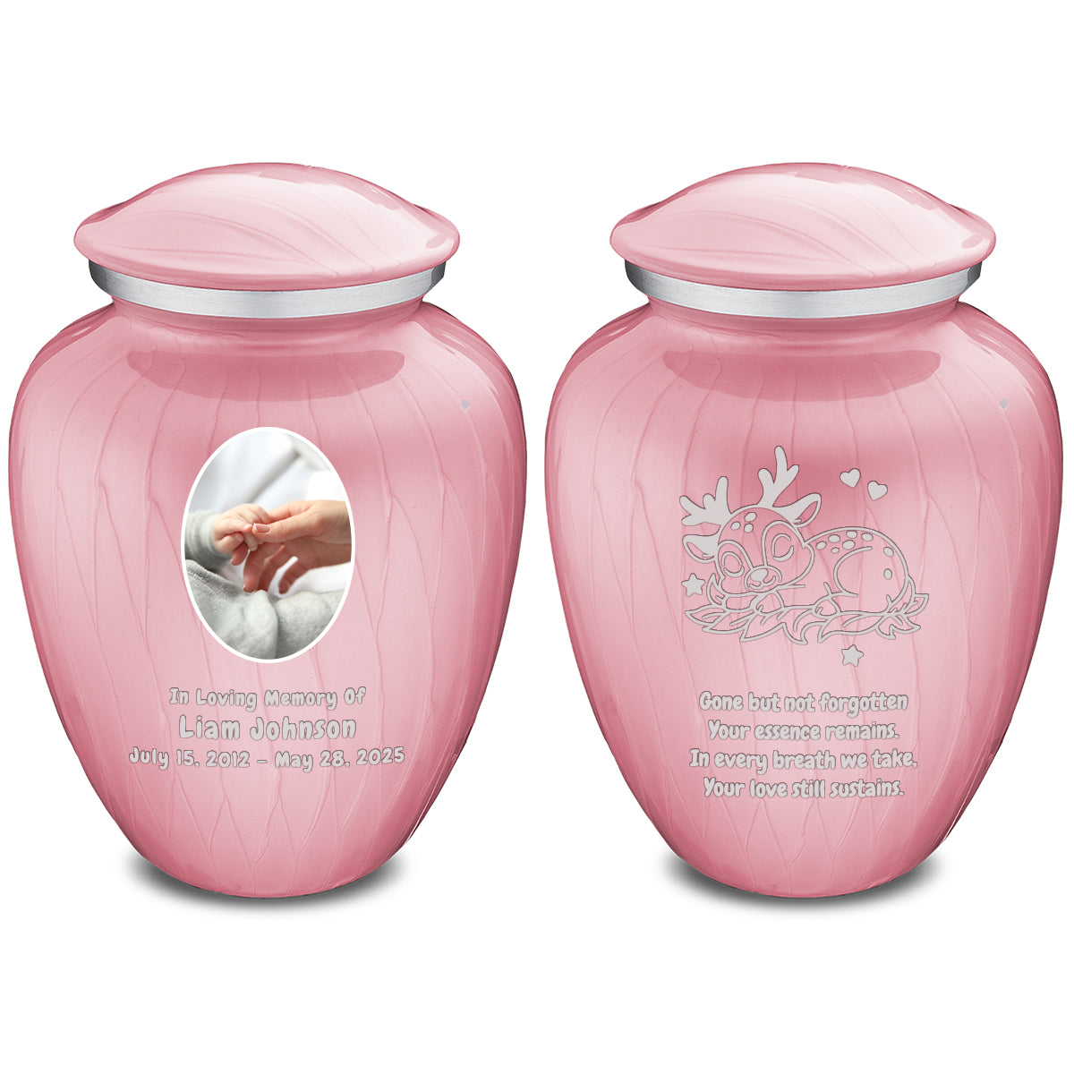 Small Embrace Pearl Light Pink Portrait with Baby Deer Cremation Urn