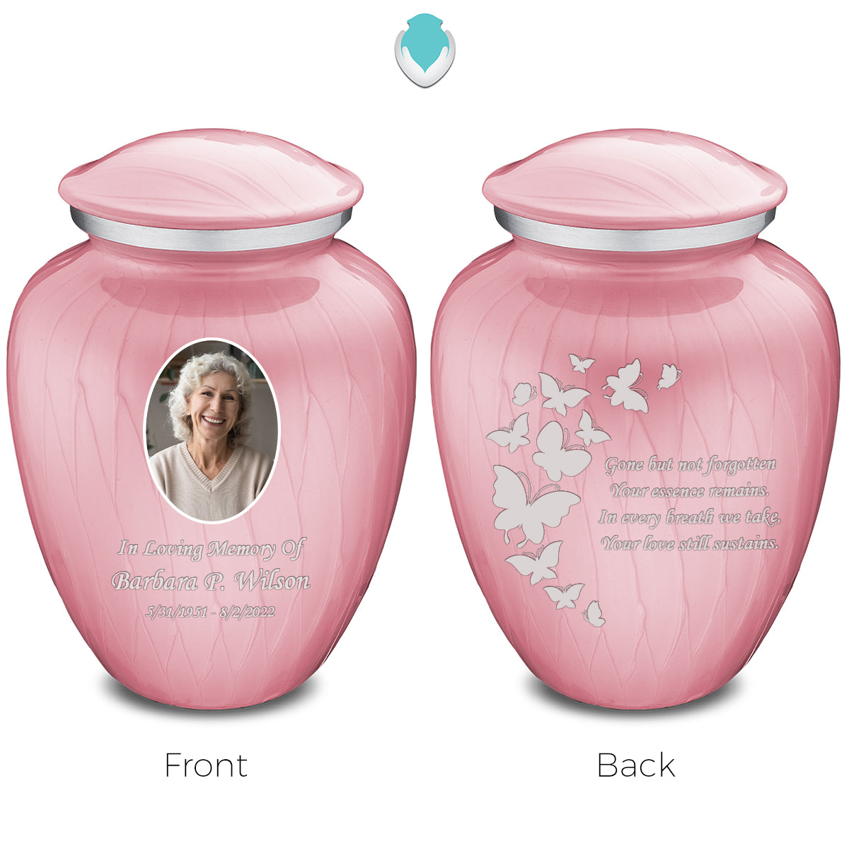 Medium Embrace Pearl Pink Portrait with Butterflies Cremation Urn