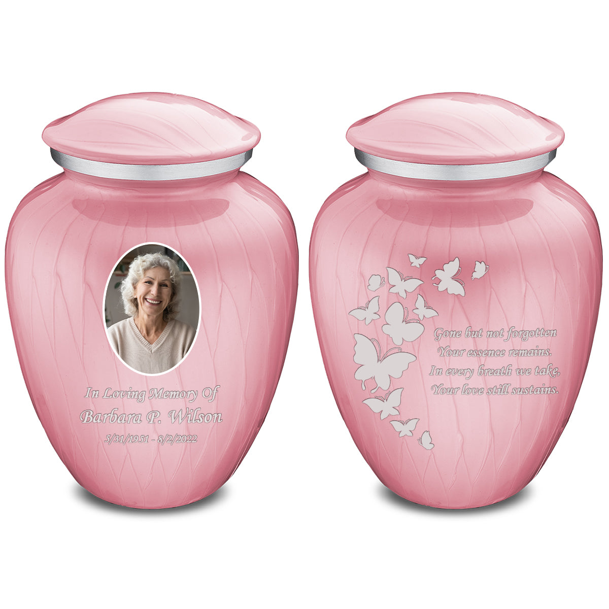 Medium Embrace Pearl Pink Portrait with Butterflies Cremation Urn