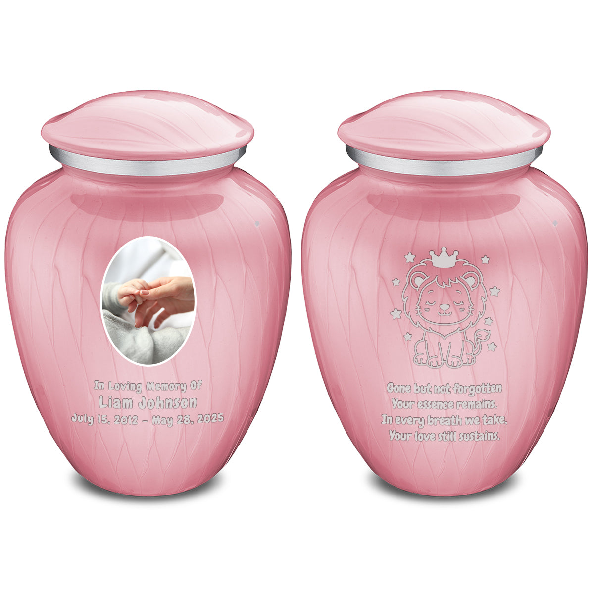 Small Embrace Pearl Light Pink Portrait with Baby Lion Cremation Urn