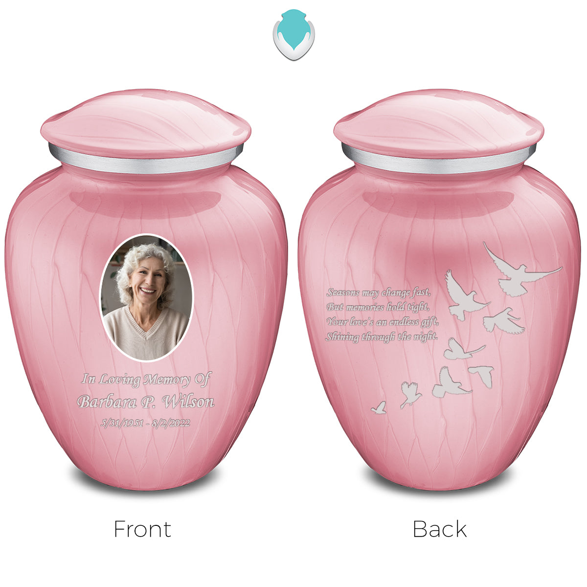 Medium Embrace Pearl Pink Portrait with Doves Cremation Urn