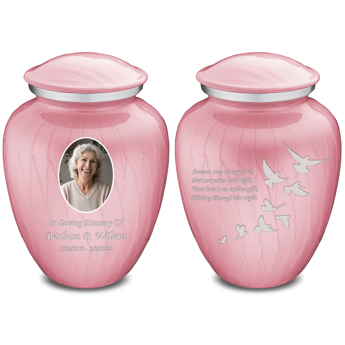 Medium Embrace Pearl Pink Portrait with Doves Cremation Urn