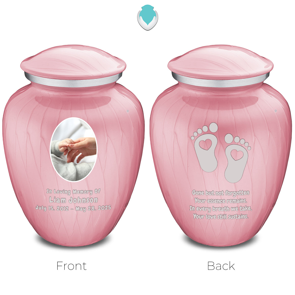 Small Embrace Pearl Light Pink Portrait with Baby Heart Feet Cremation Urn