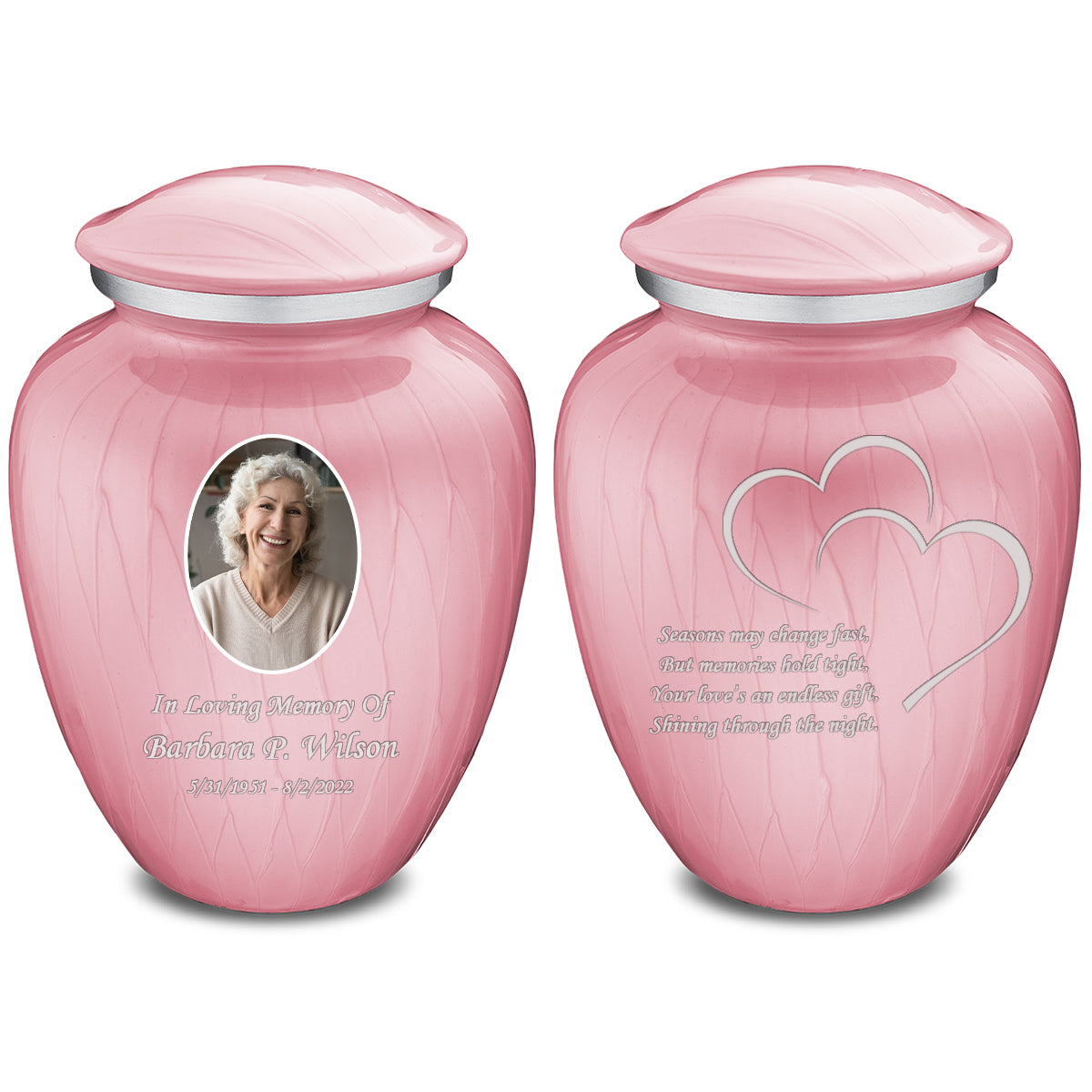 Medium Embrace Pearl Pink Portrait with Hearts Cremation Urn