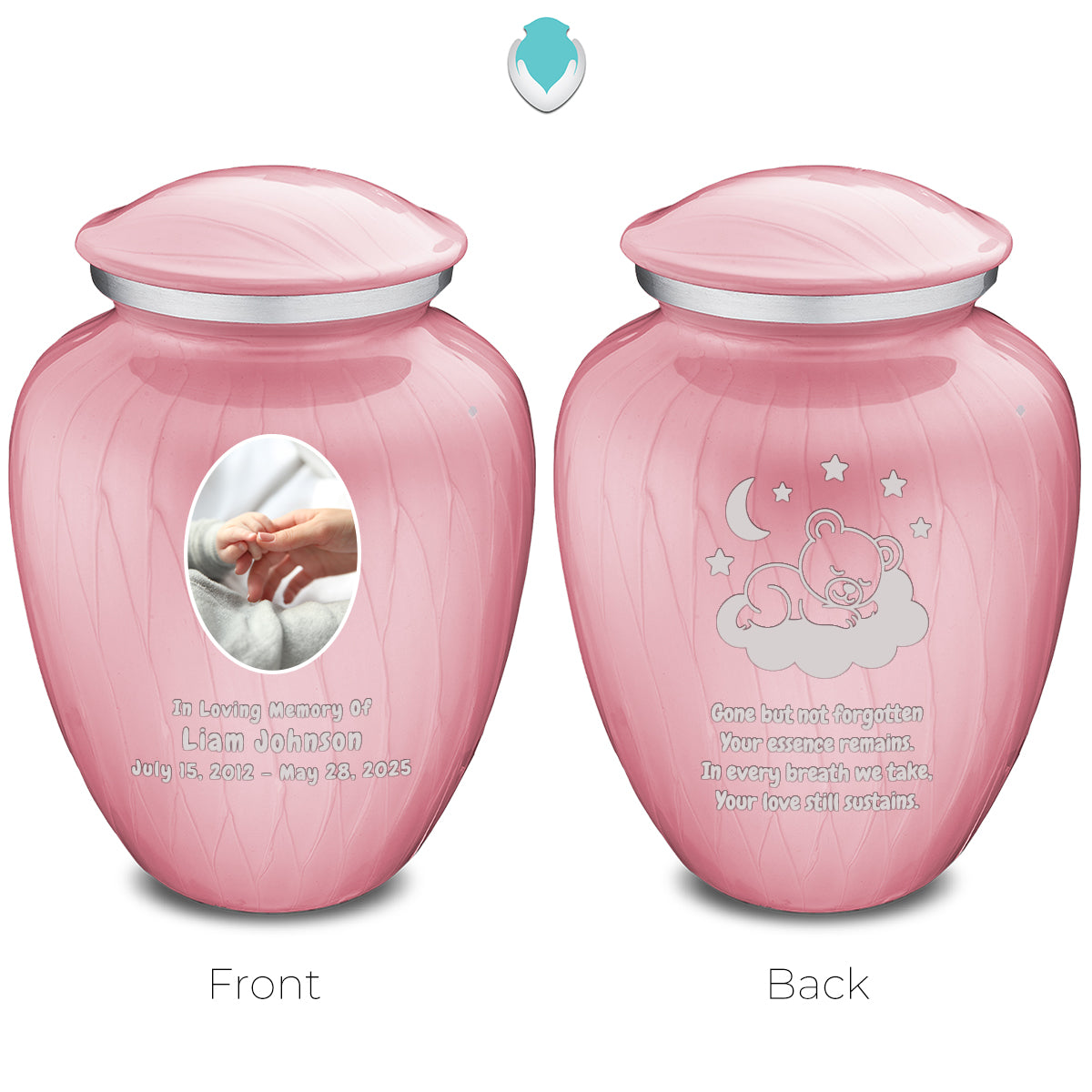 Small Embrace Pearl Light Pink Portrait with Sleeping Teddy Cremation Urn