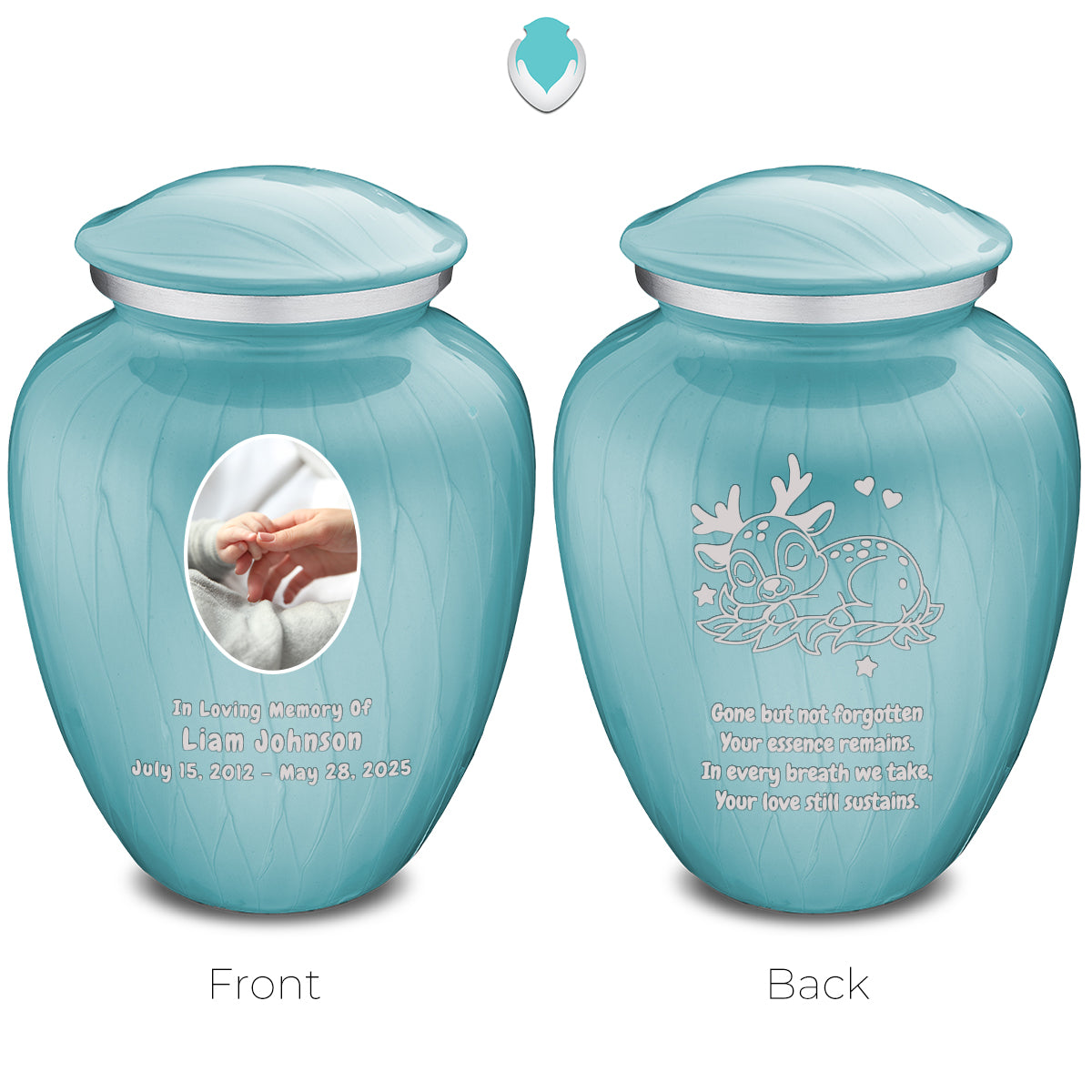 Small Embrace Pearl Light Blue Portrait with Baby Deer Cremation Urn