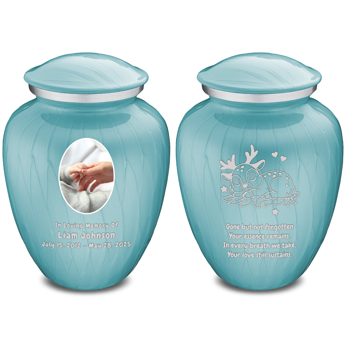 Small Embrace Pearl Light Blue Portrait with Baby Deer Cremation Urn