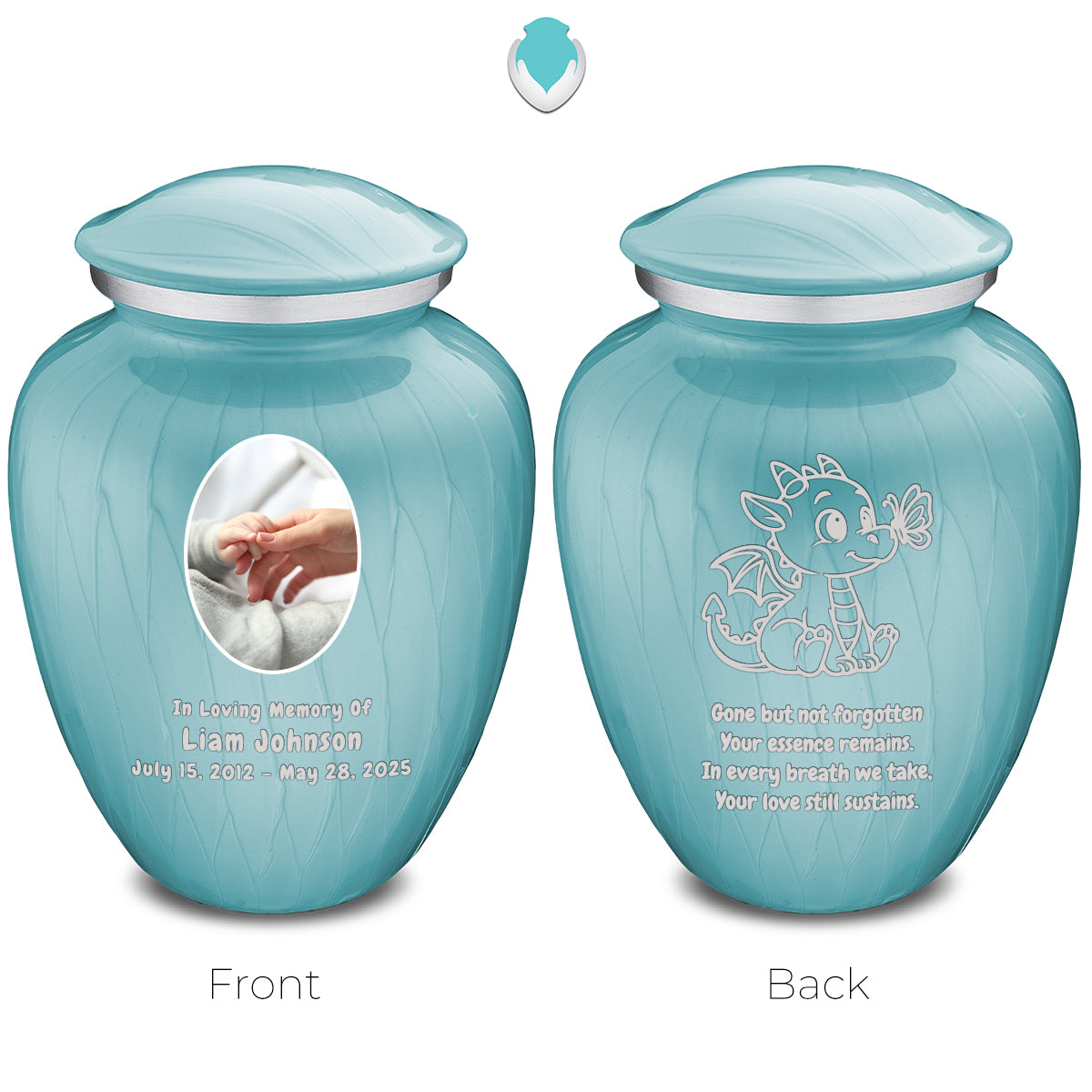 Small Embrace Pearl Light Blue Portrait with Baby Dragon Cremation Urn