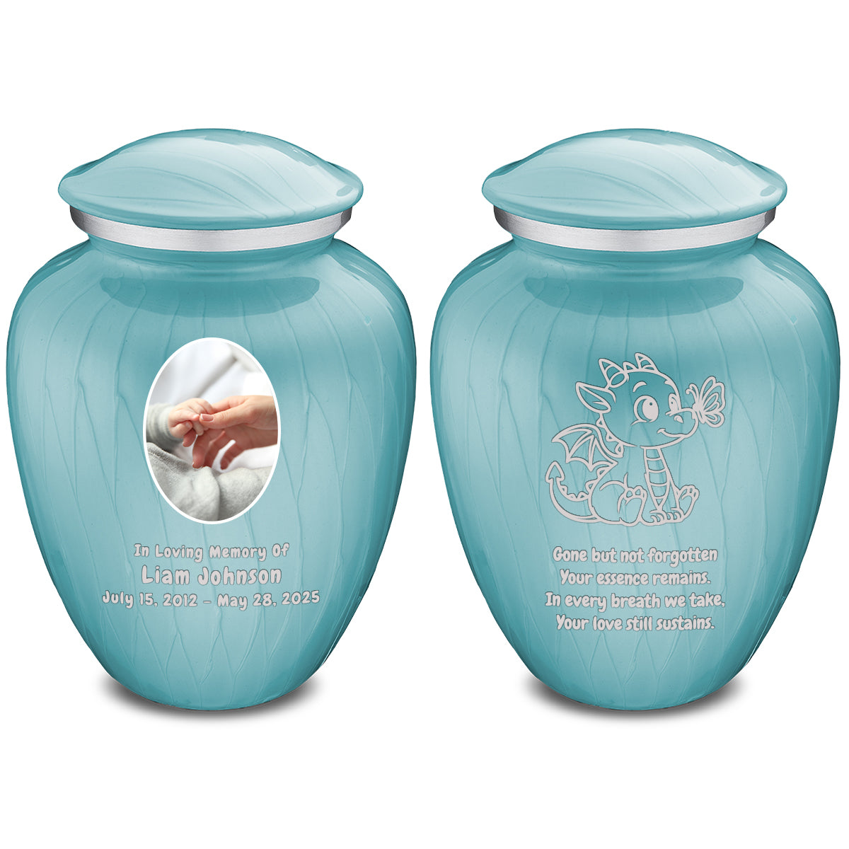 Small Embrace Pearl Light Blue Portrait with Baby Dragon Cremation Urn