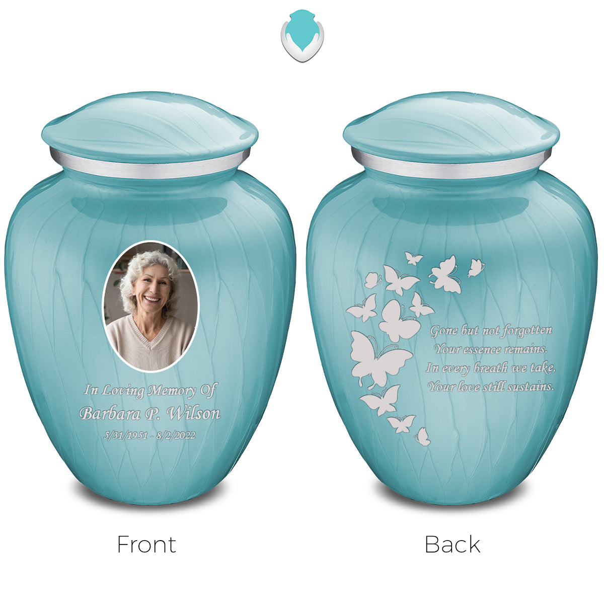 Medium Embrace Pearl Light Blue Portrait with Butterflies Cremation Urn