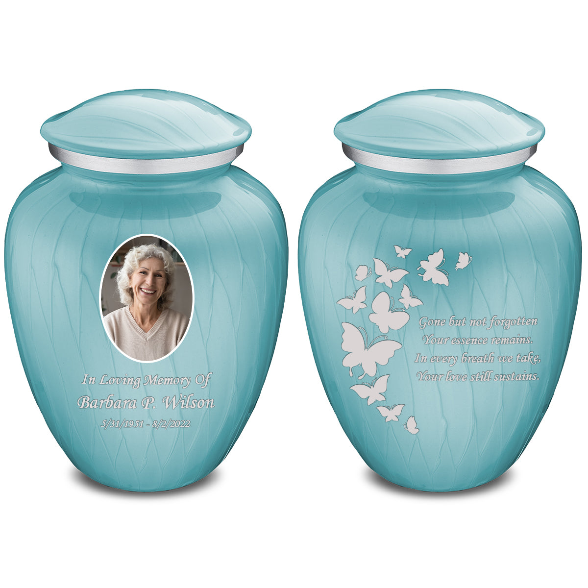 Medium Embrace Pearl Light Blue Portrait with Butterflies Cremation Urn