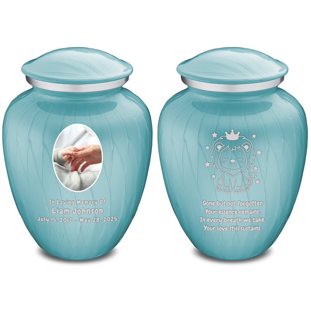 Small Embrace Pearl Light Blue Portrait with Baby Lion Cremation Urn