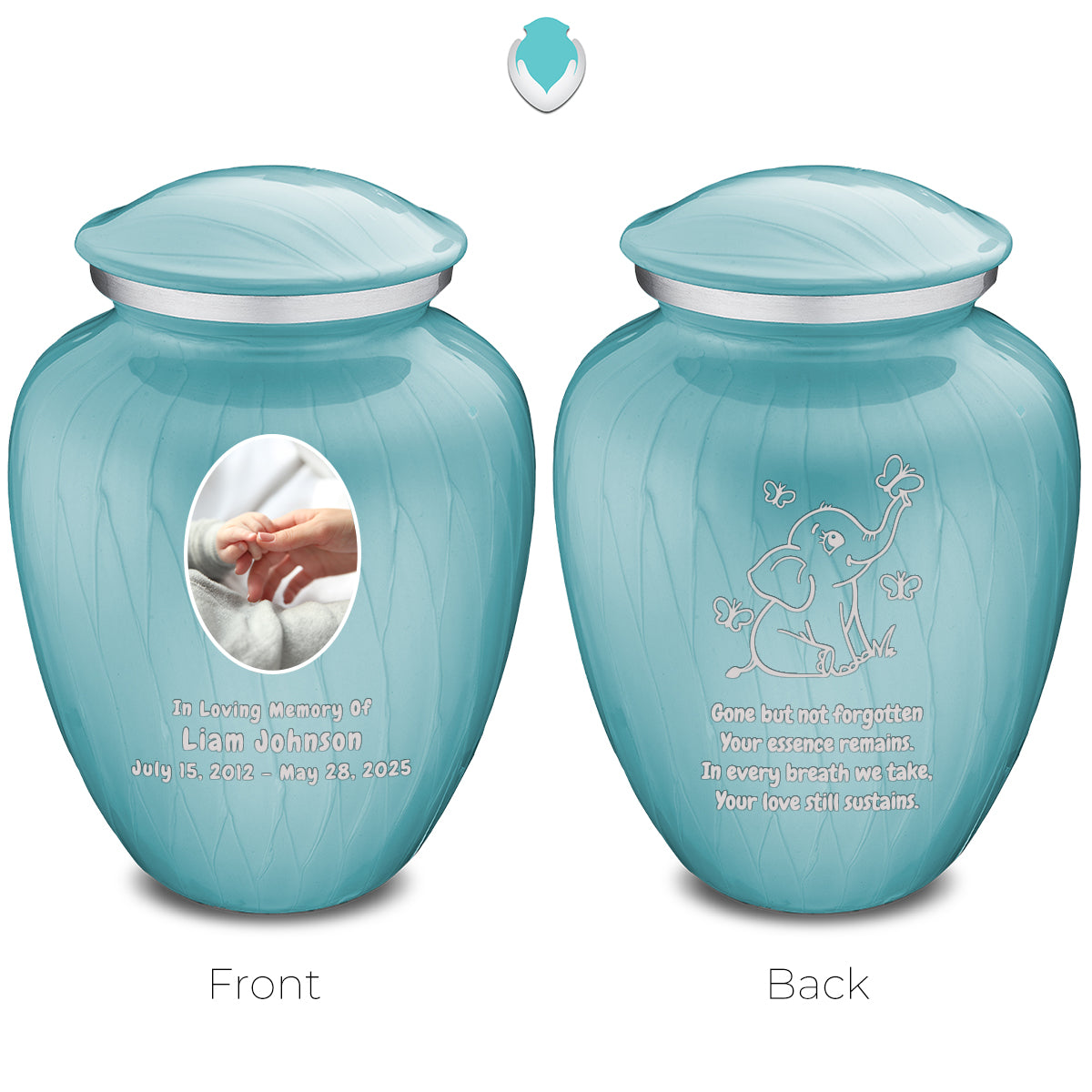 Small Embrace Pearl Blue Portrait with Elephant Butterflies Cremation Urn
