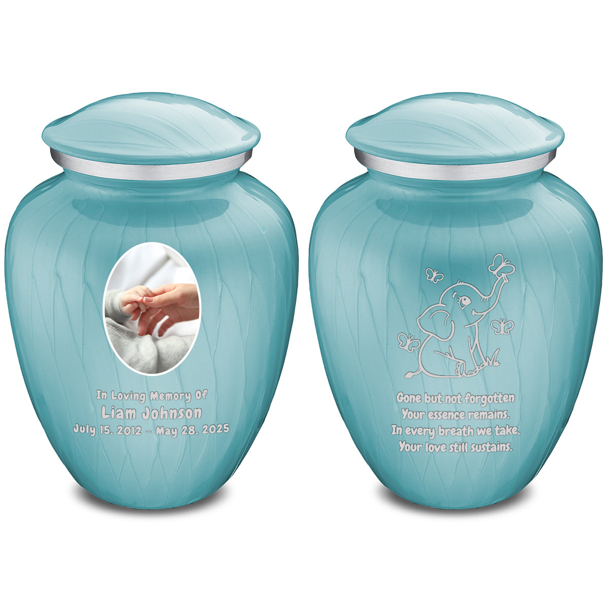 Small Embrace Pearl Blue Portrait with Elephant Butterflies Cremation Urn