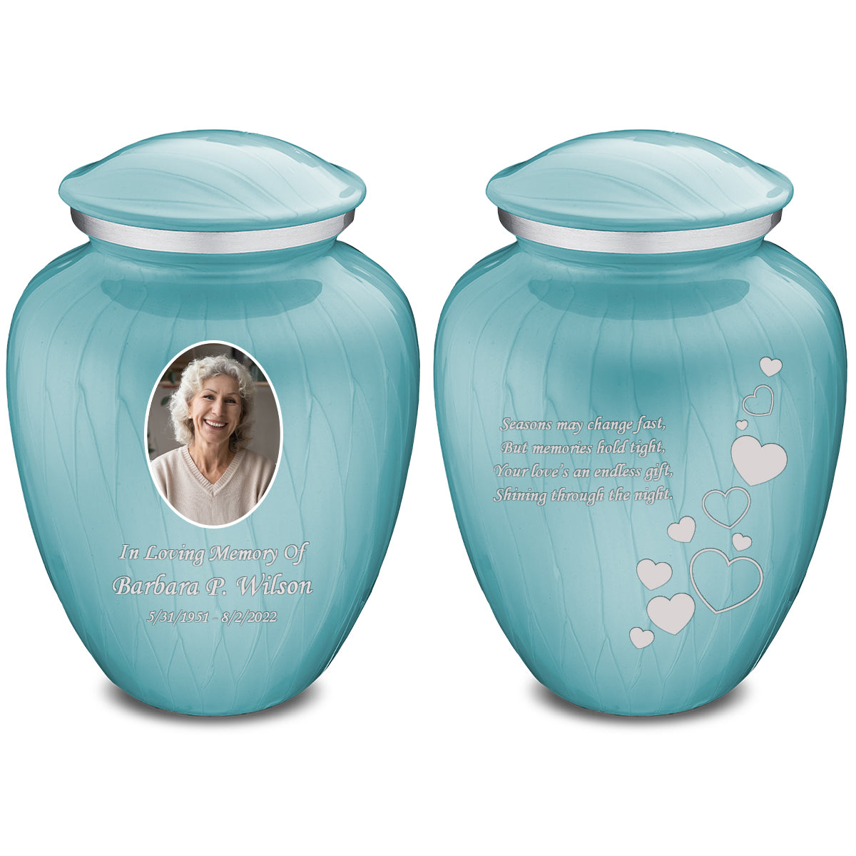 Adult Embrace Pearl Light Blue Portrait with Floating Hearts Cremation Urn