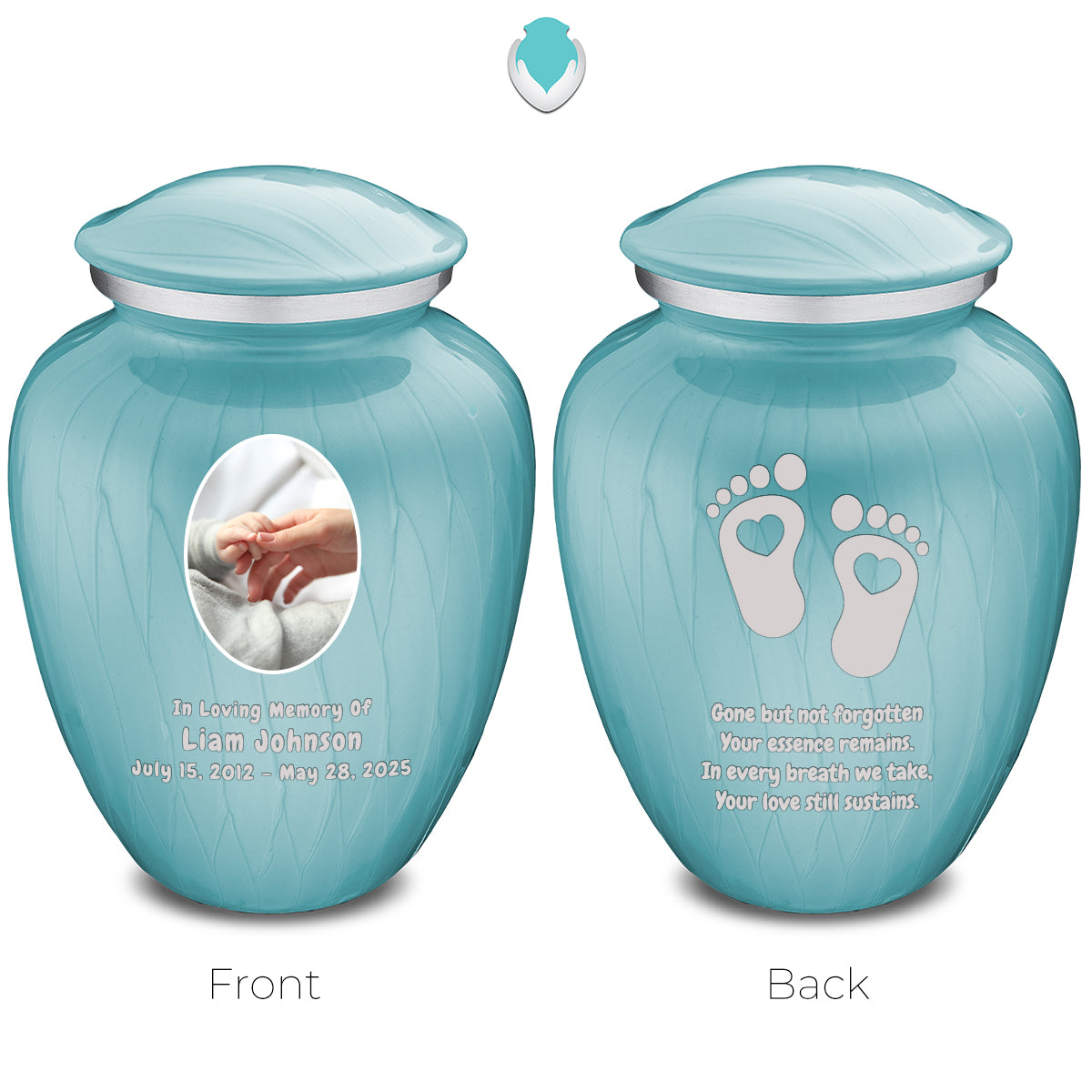 Small Embrace Pearl Light Blue Portrait with Baby Heart Feet Cremation Urn