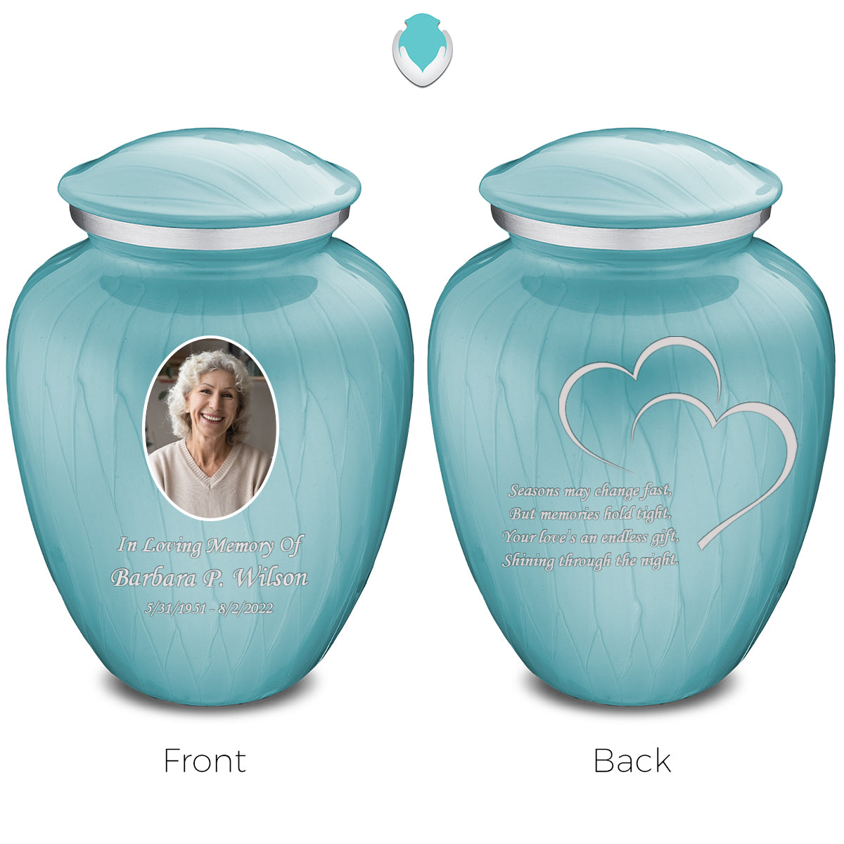 Medium Embrace Pearl Light Blue Portrait with Hearts Cremation Urn