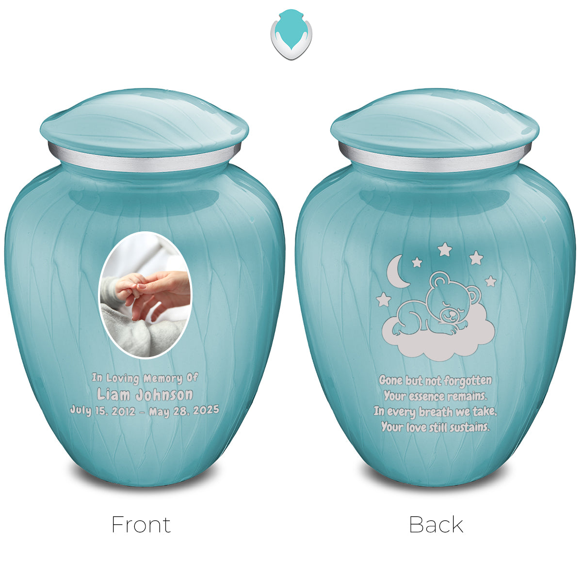Small Embrace Pearl Light Blue Portrait with Sleeping Teddy Cremation Urn