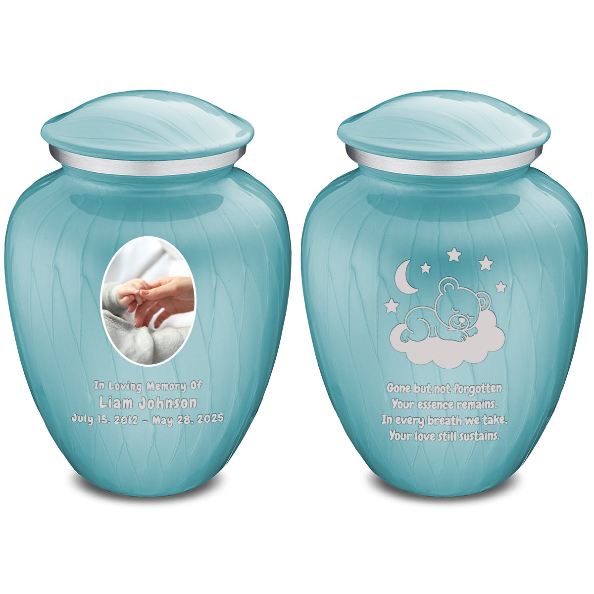 Small Embrace Pearl Light Blue Portrait with Sleeping Teddy Cremation Urn