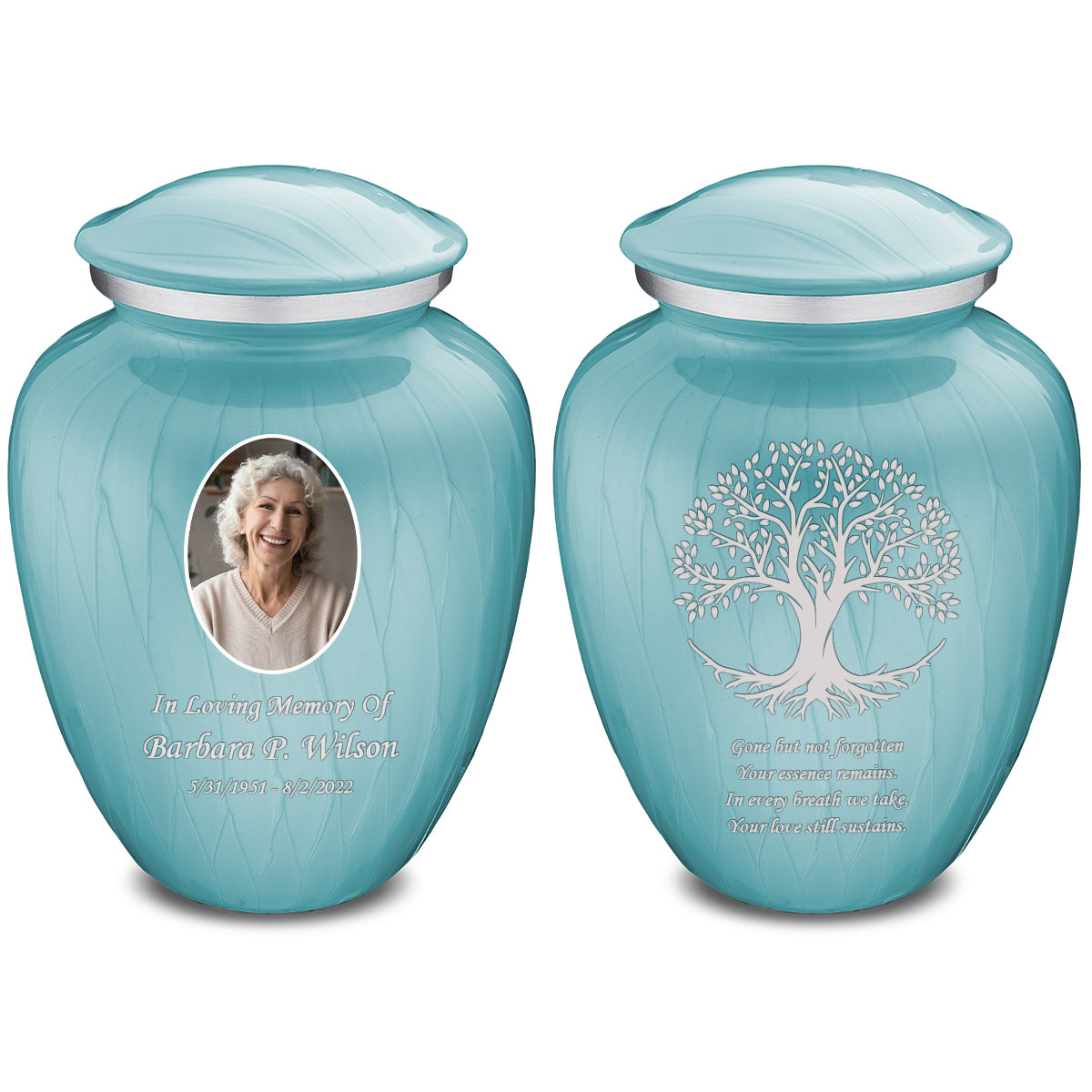 Adult Embrace Pearl Light Blue Portrait with Tree of Life Cremation Urn