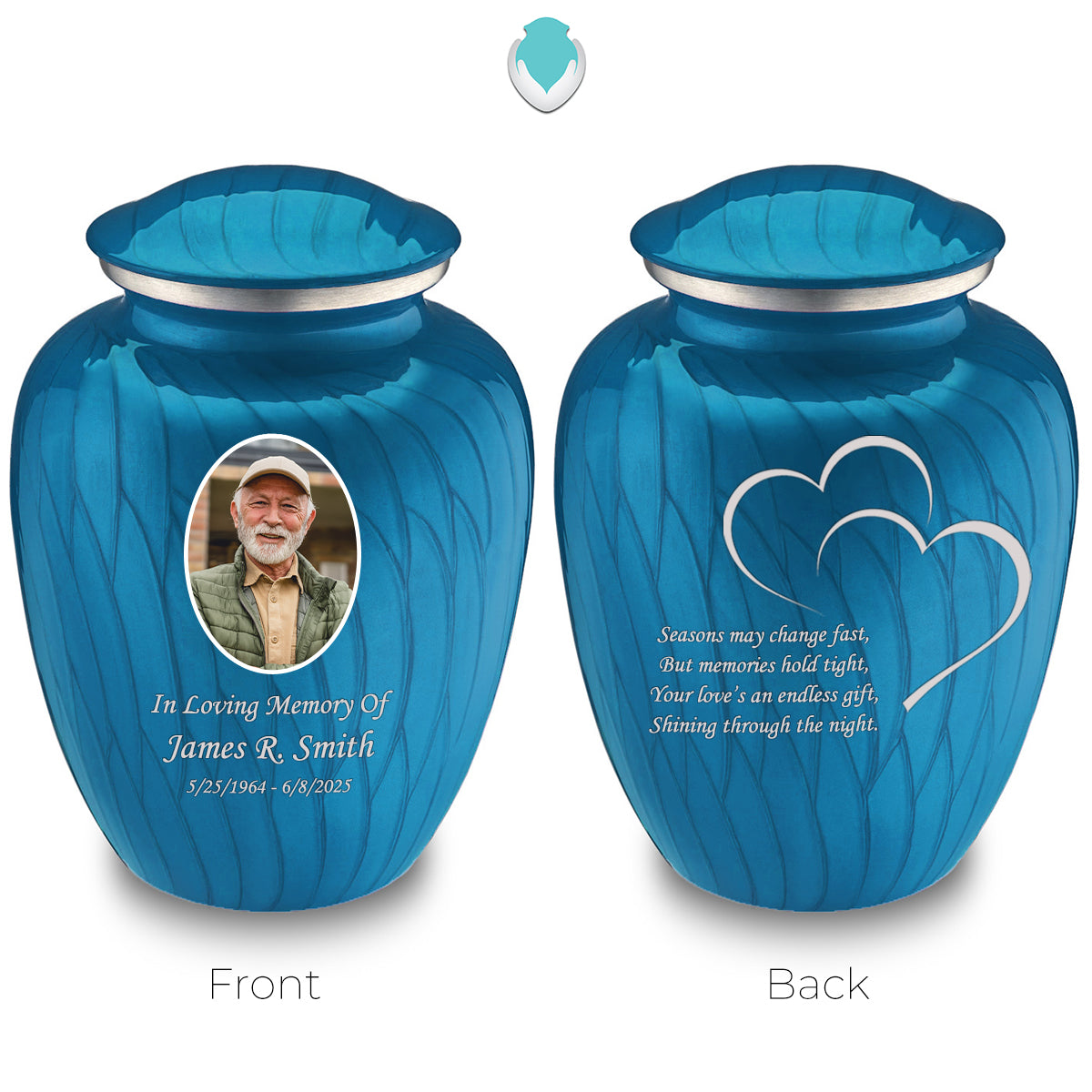 Adult Embrace Pearl Racing Blue Portrait with Hearts Cremation Urn