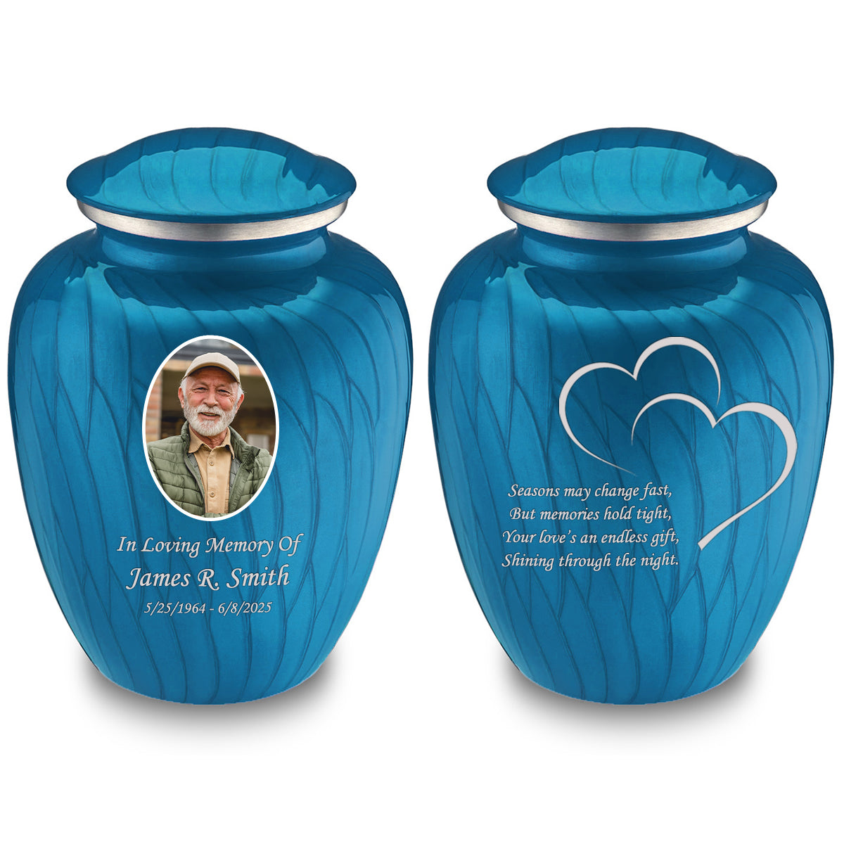 Adult Embrace Pearl Racing Blue Portrait with Hearts Cremation Urn