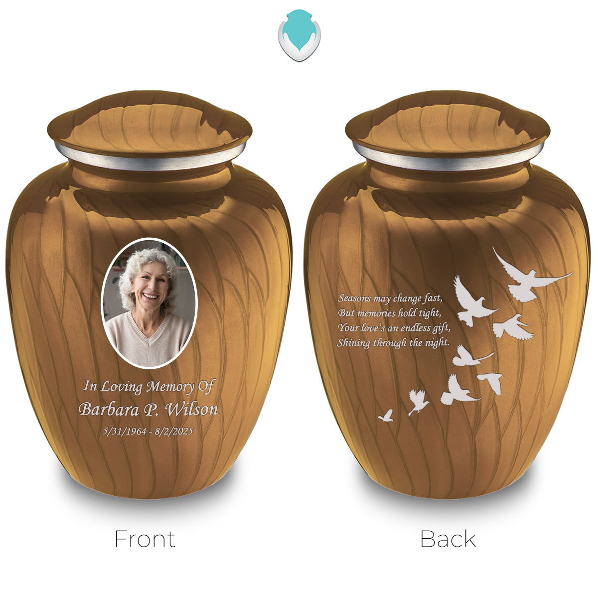 Adult Embrace Pearl Gold Portrait with Doves Cremation Urn