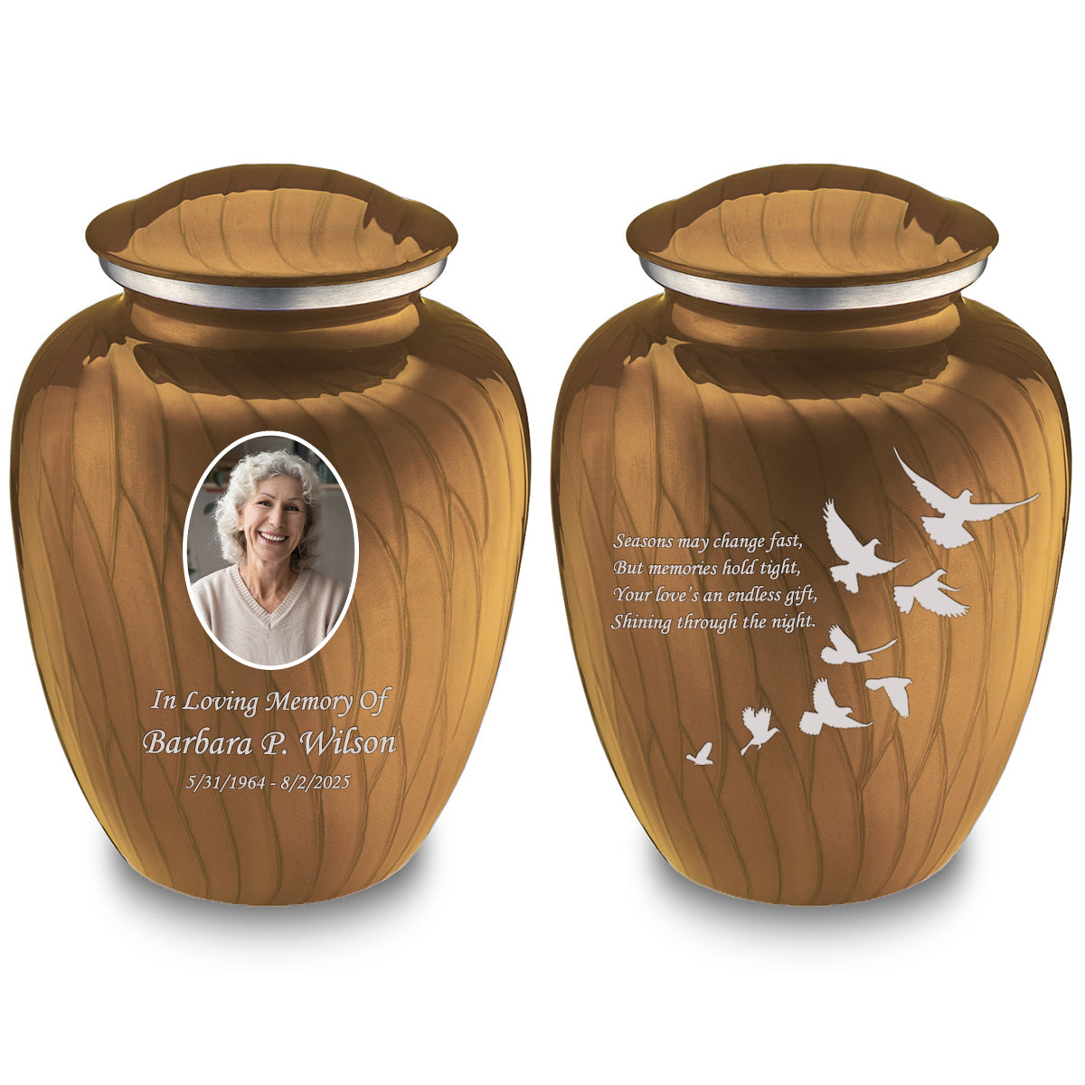 Adult Embrace Pearl Gold Portrait with Doves Cremation Urn