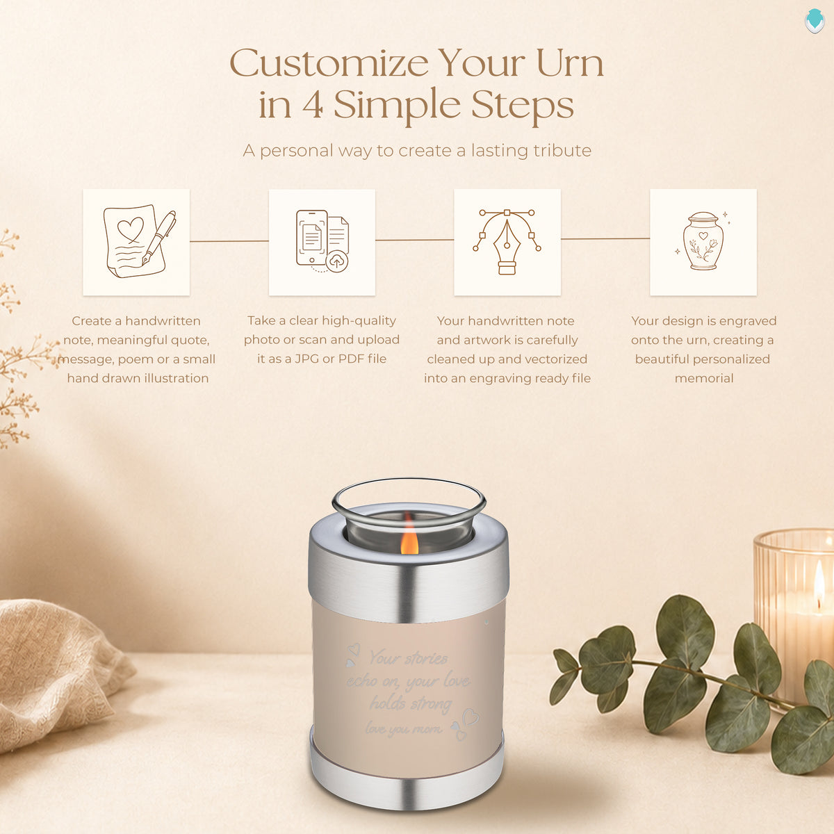 Candle Holder Embrace Cream Handwritten Cremation Urn