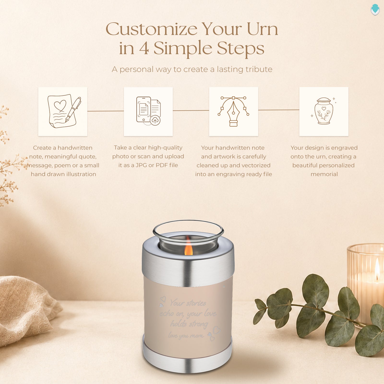 Candle Holder Embrace Cream Handwritten Cremation Urn