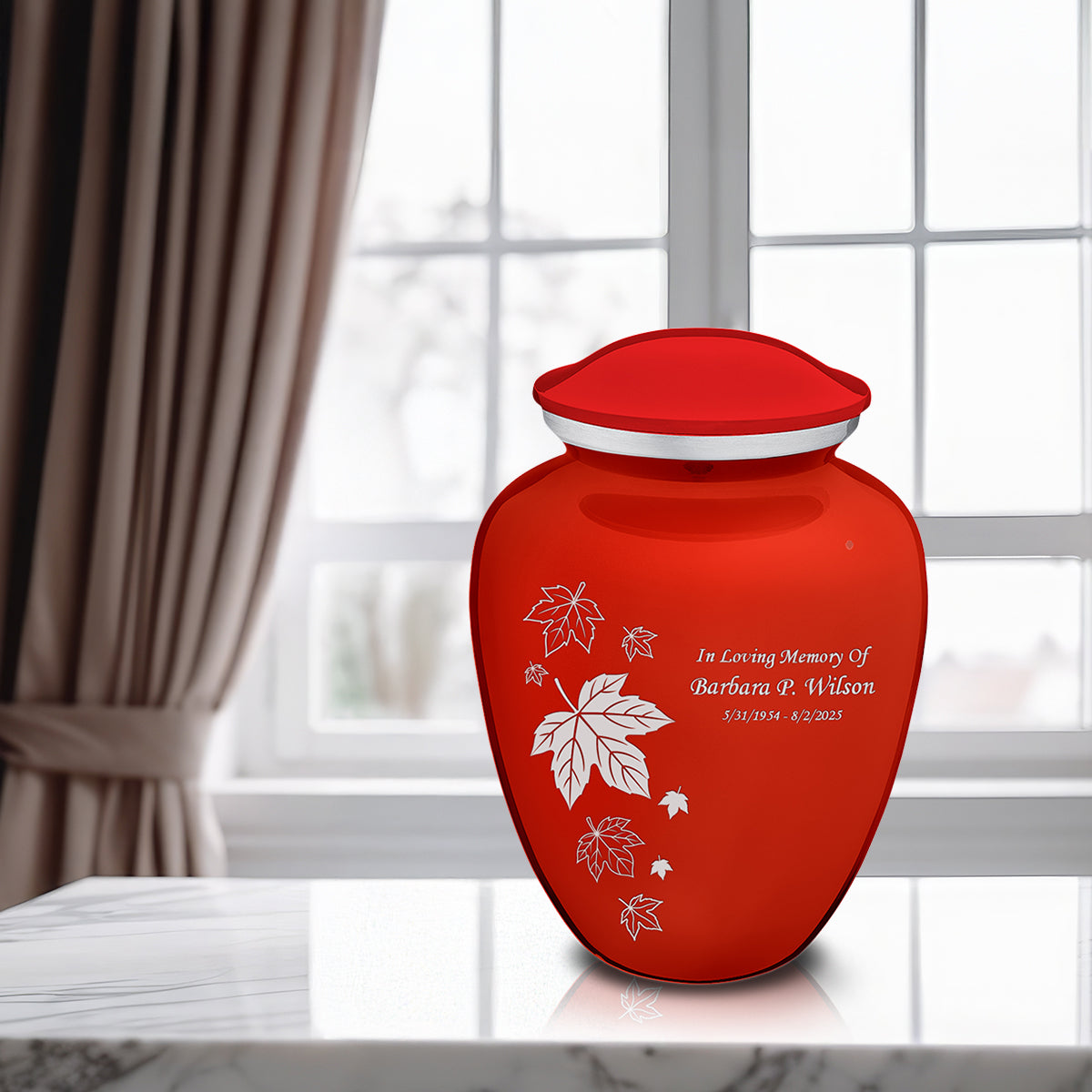 Adult Embrace Bright Red Falling Leaves Cremation Urn