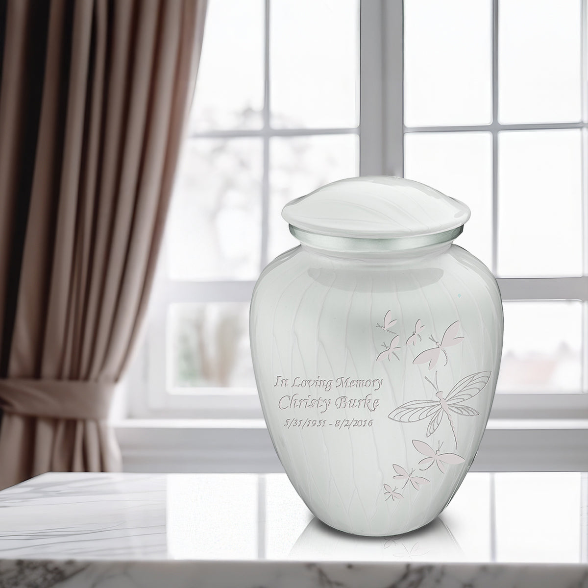Adult Embrace Pearl White Dragonflies Cremation Urn