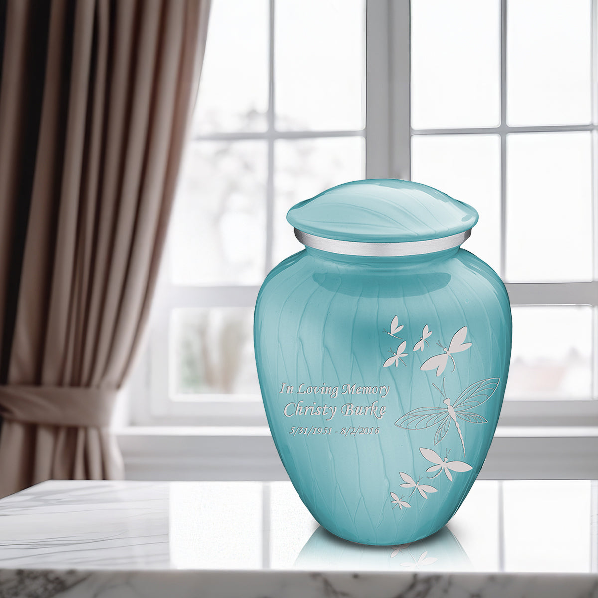 Adult Embrace Pearl Light Blue Dragonflies Cremation Urn