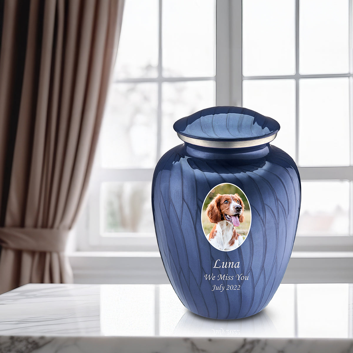 Adult Pet Embrace Pearl Cobalt Blue Portrait Cremation Urn