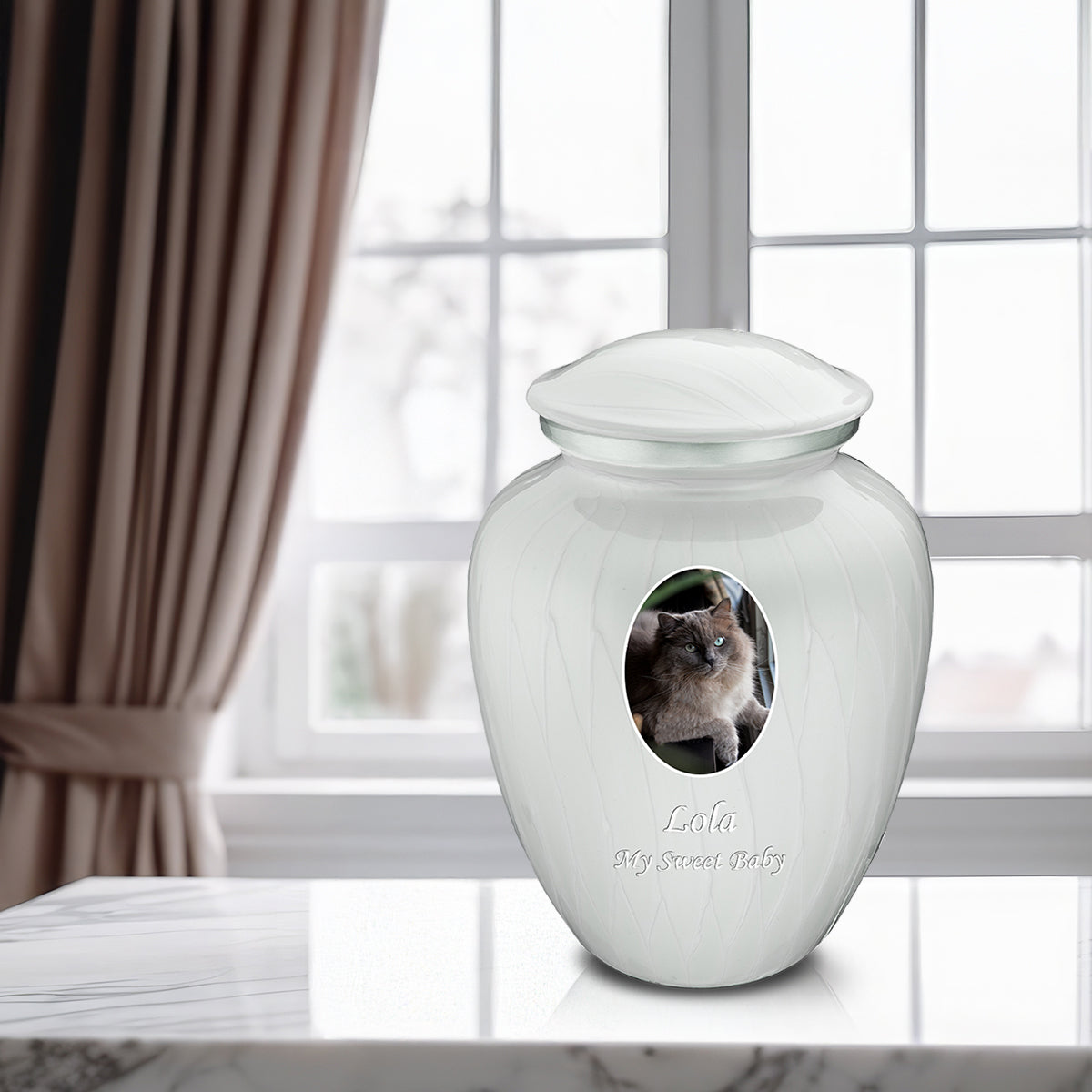 Adult Pet Embrace Pearl White Portrait Cremation Urn