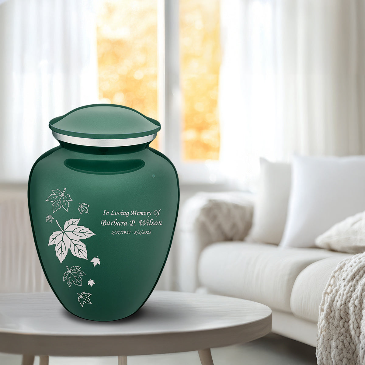 Adult Embrace Green Falling leaves Cremation Urn