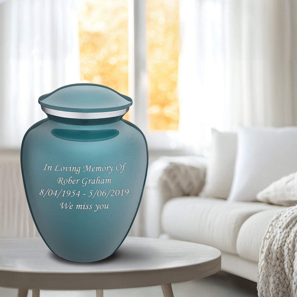 Adult Embrace Teal Custom Engraved Cremation Urn