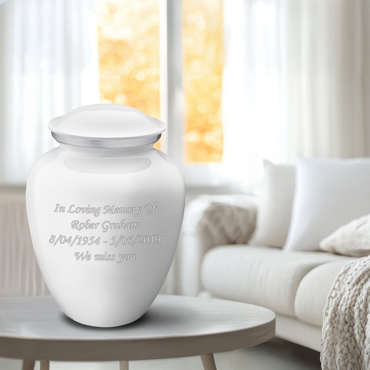 Adult Embrace White Custom Engraved Cremation Urn