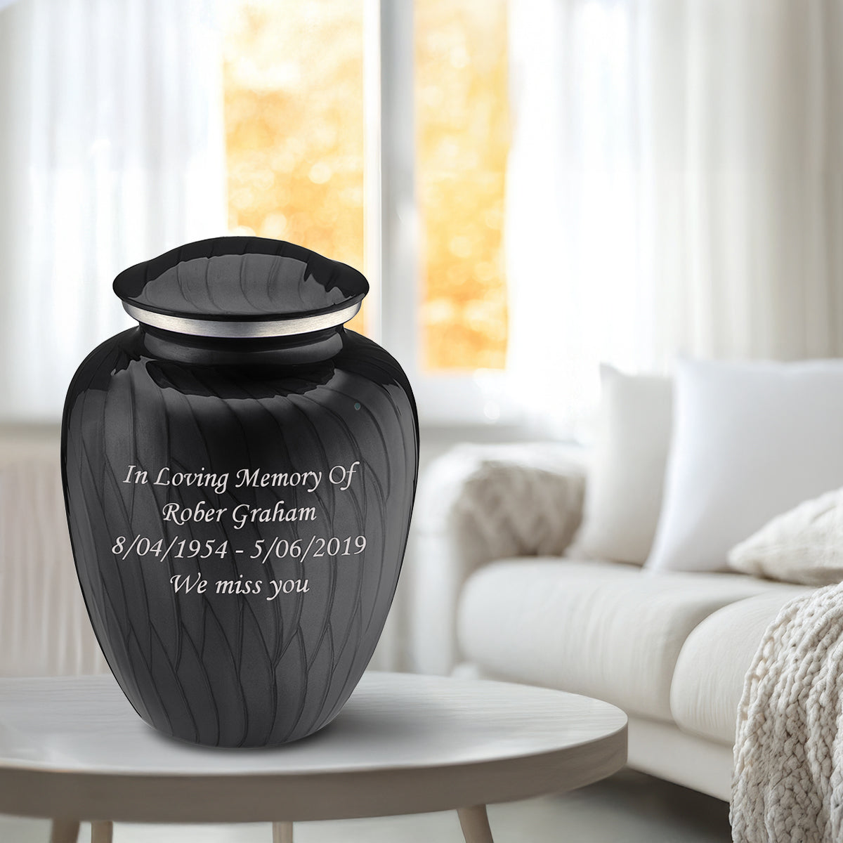 Adult Embrace Pearl Black Custom Engraved Cremation Urn