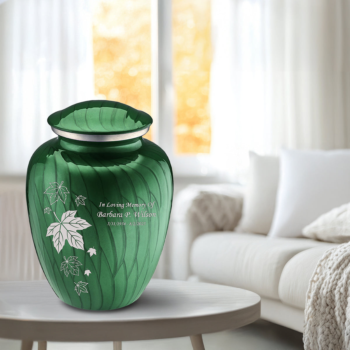 Adult Embrace Pearl Green Falling Leaves Cremation Urn