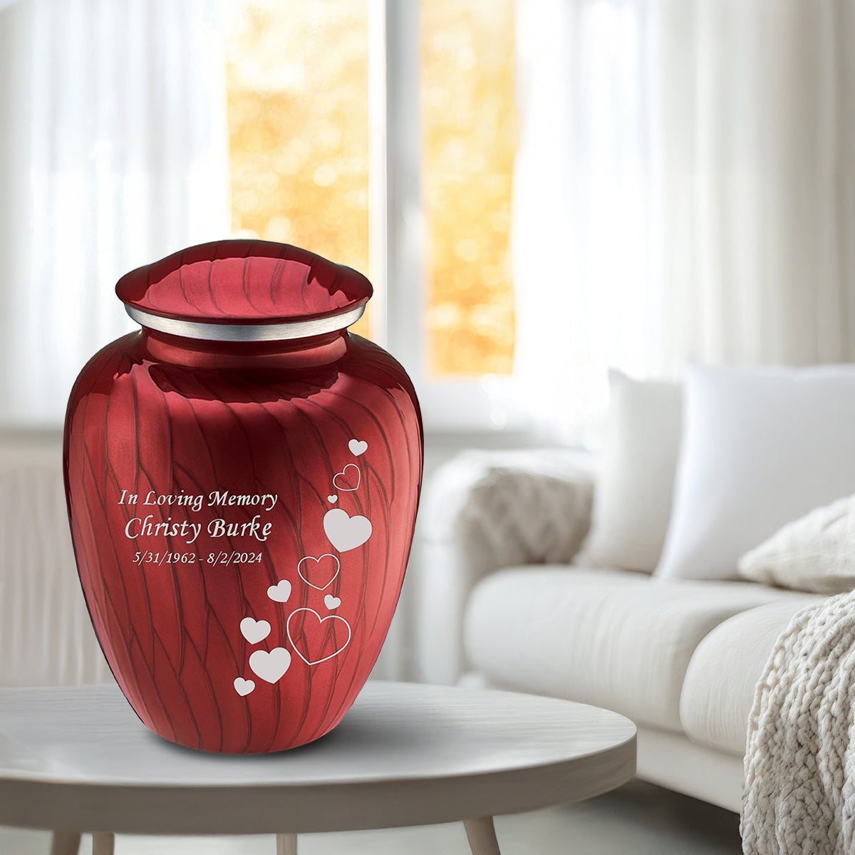 Adult Embrace Pearl Candy Red Floating Heart Cremation Urn