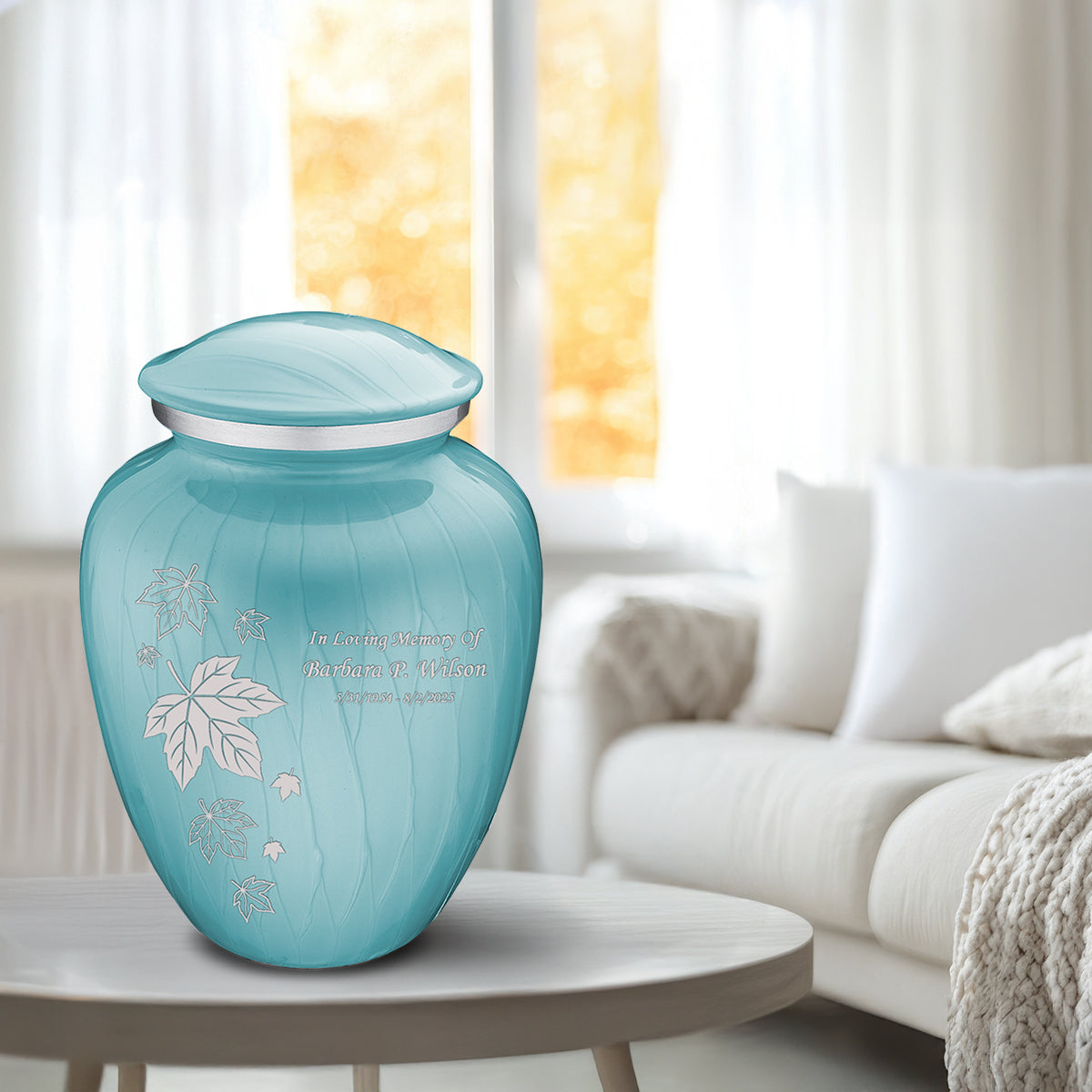 Adult Embrace Pearl Light Blue Falling Leaves Cremation Urn