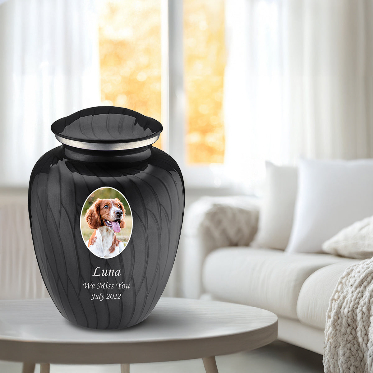 Adult Pet Embrace Pearl Black Portrait Cremation Urn