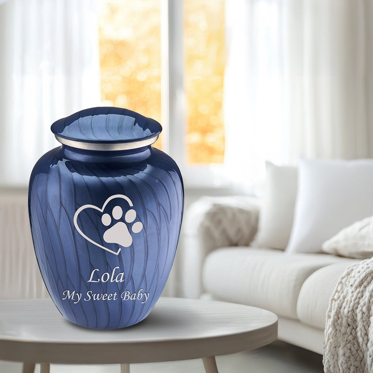 Large Embrace Pearl Cobalt Blue Single Paw Heart Pet Cremation Urn