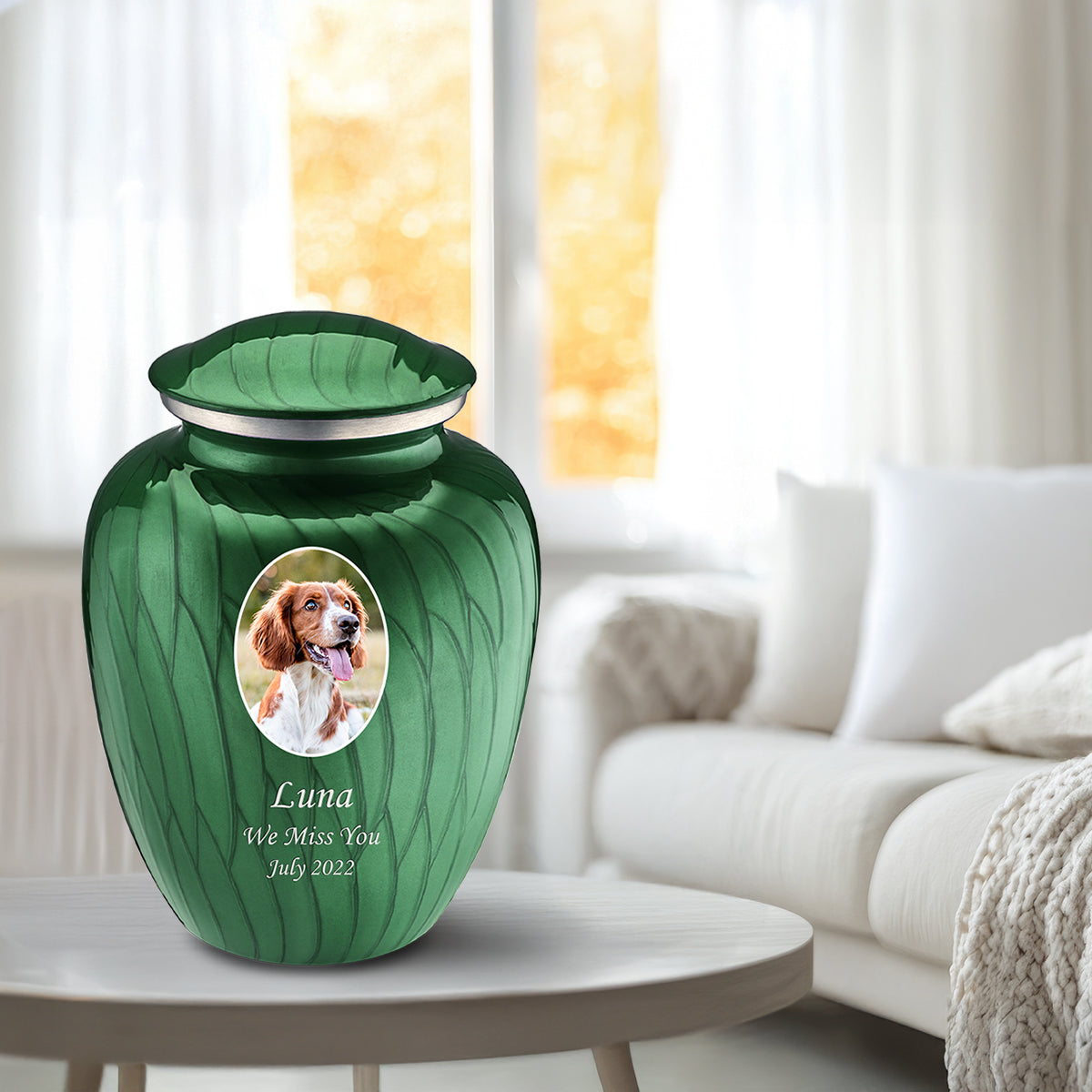 Adult Pet Embrace Pearl Green Portrait Cremation Urn