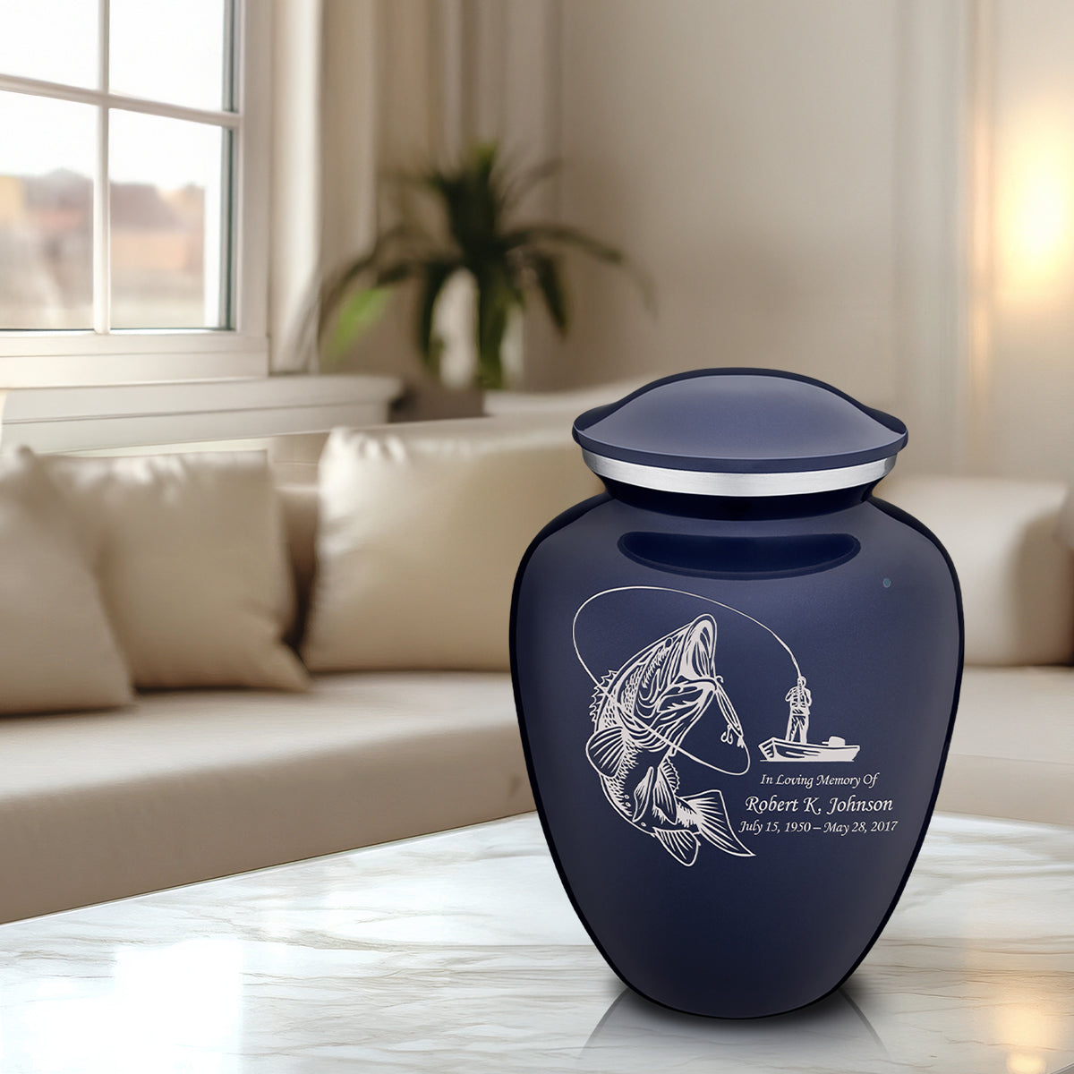 Adult Embrace Cobalt Blue Fishing Cremation Urn